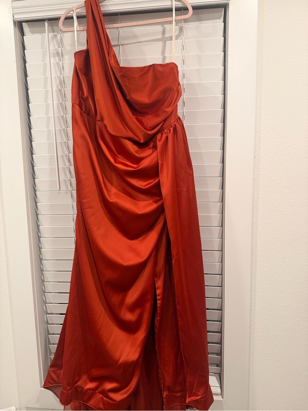 David's Bridal One-Shoulder Satin Dress in Rust Orange
